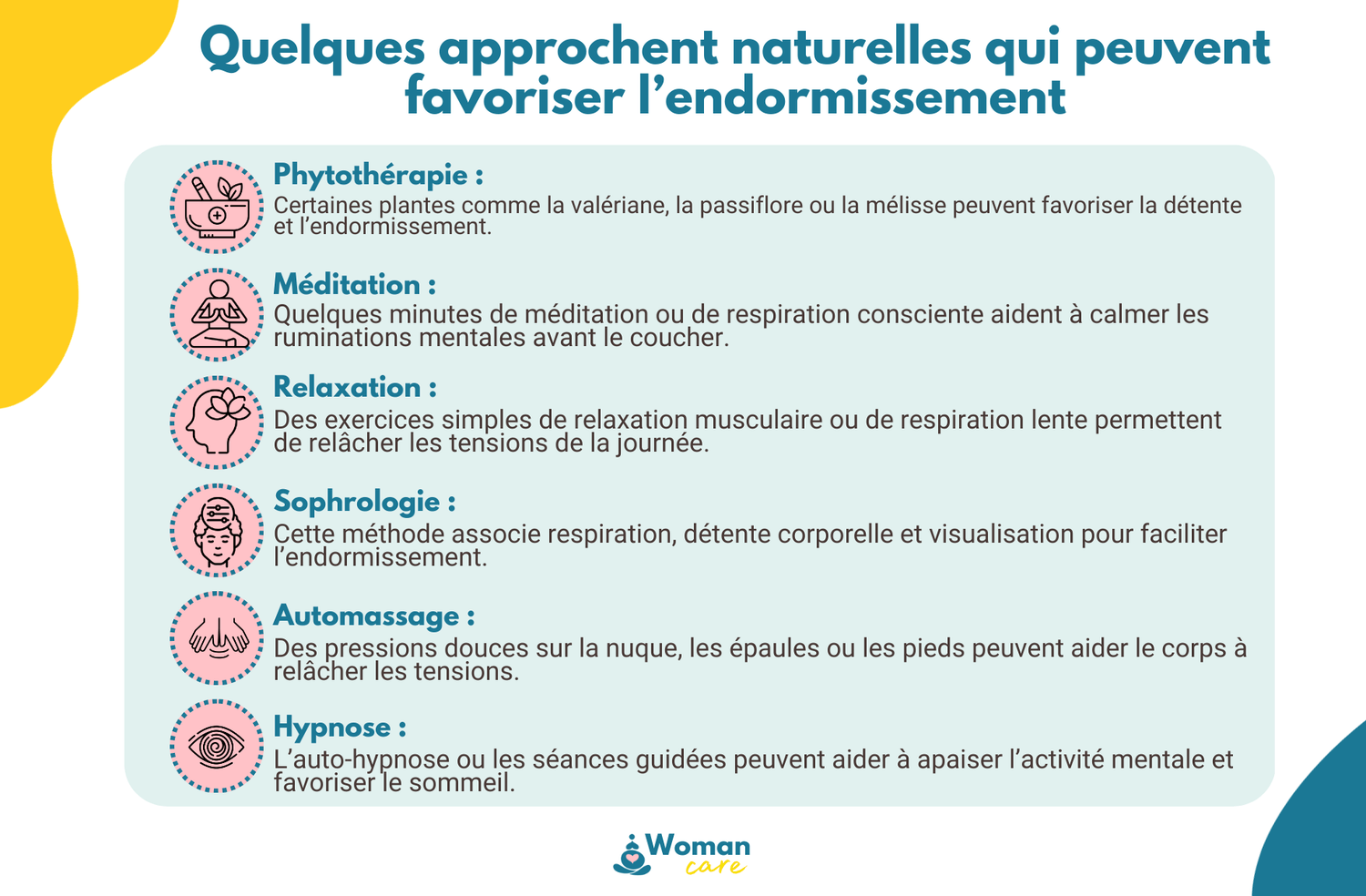 Infographie présentant plusieurs approches naturelles pour favoriser l’endormissement : phytothérapie, méditation, relaxation, sophrologie, automassage et hypnose