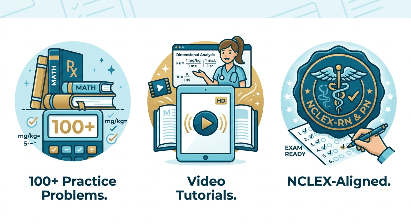 Three nursing education icons: a calculator with medical math books displaying '100+ Practice Problems', a digital tablet and female tutor showing 'Video Tutorials' with dimensional analysis formulas, and an official blue seal over an exam sheet displaying 'NCLEX-Aligned'.