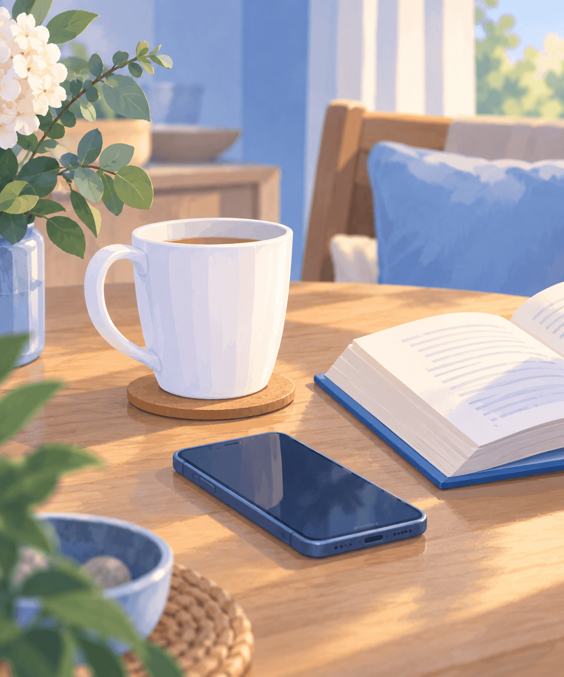 Kaffeetasse und aufgeschlagenes Buch