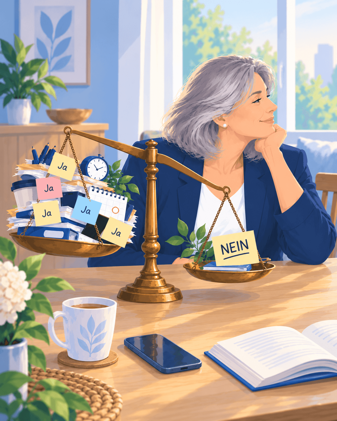 Frau, die vor einer Balkenwaage sitzt - rechts die vielen to-dos, links das Nein, das die Pause rettet Mit KI erstellte Illustration