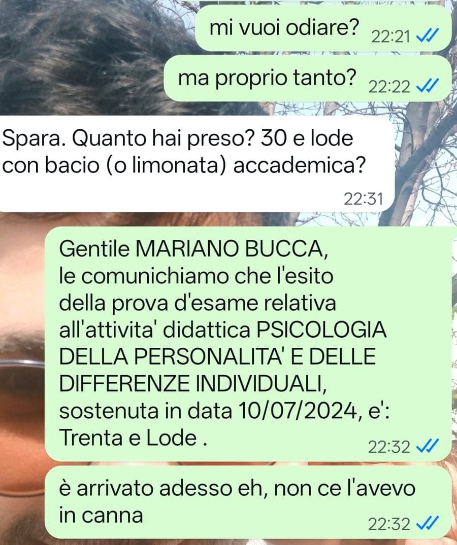 Messaggio WhatsApp del 10 luglio 2024 con la comunicazione ufficiale dell'ateneo: Psicologia della Personalità e delle Differenze Individuali, Trenta e Lode