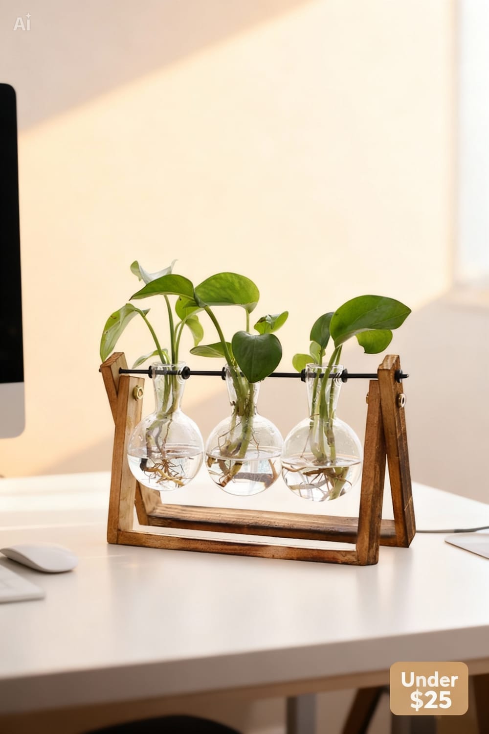 Plant terrarium with wooden stand and glass bulbs
