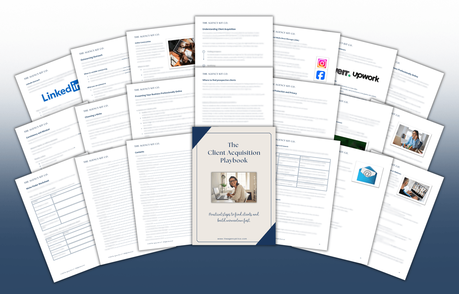 Client Acquisition Playbook cover – system to find and sign clients by The Agency Kit Co