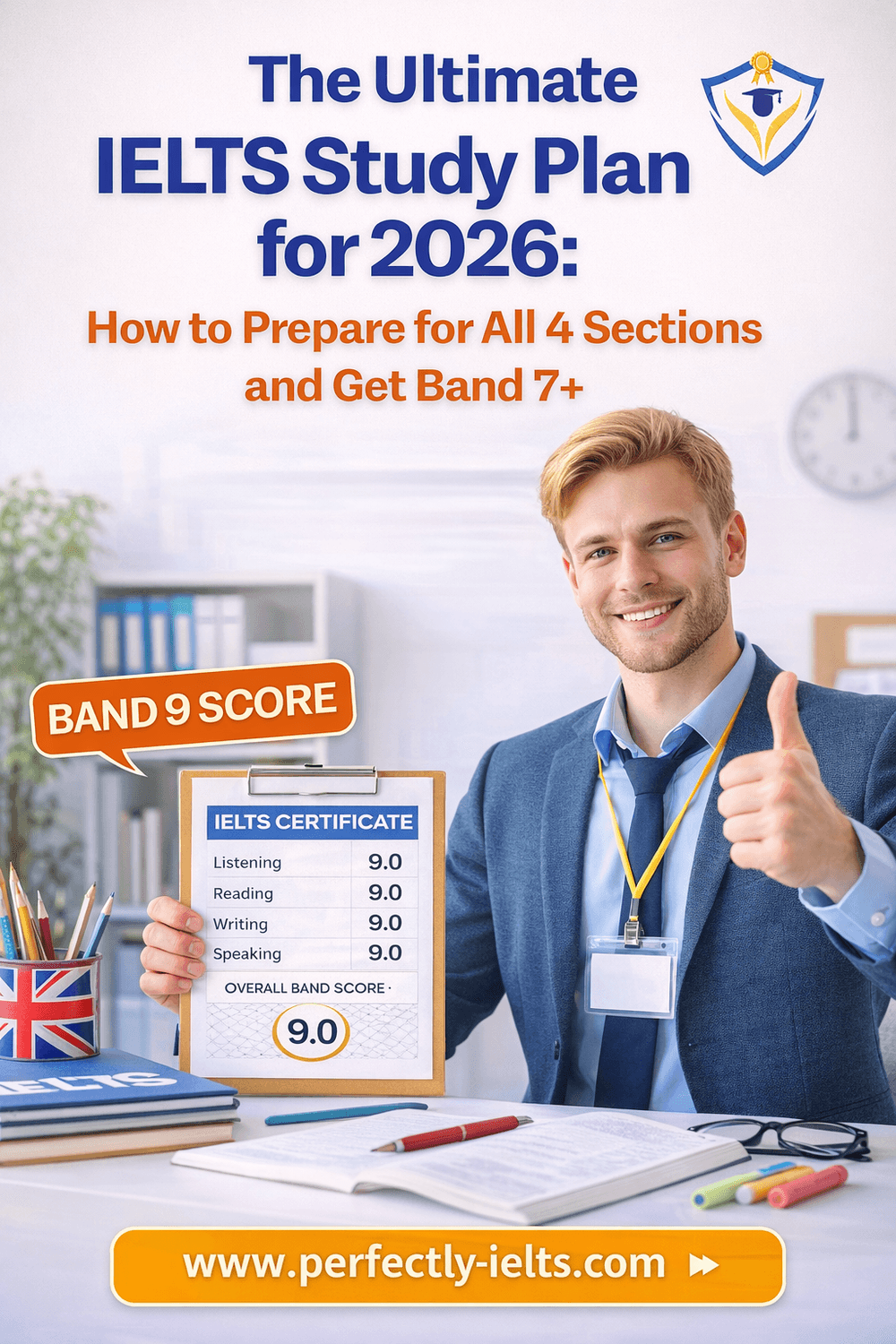 IELTS teacher holding a Band 9 certificate and giving a thumbs up, promoting “The Ultimate IELTS Study Plan for 2026” with study materials and Perfectly IELTS branding