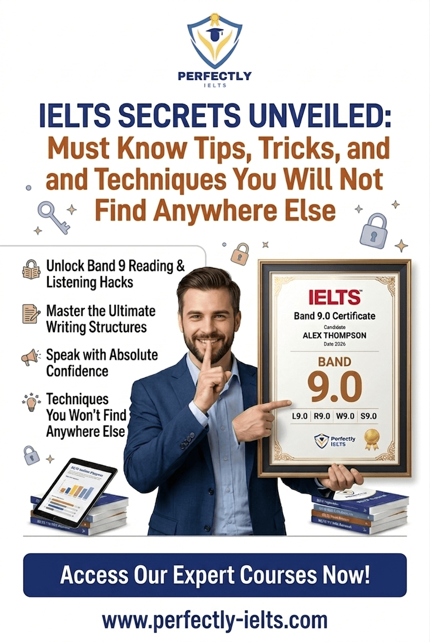 Promotional poster for "Perfectly IELTS" titled "IELTS Secrets Unveiled." It features a smiling man in a blue suit holding a framed Band 9.0 certificate for "Alex Thompson." The poster lists benefits like Band 9 hacks, writing structures, and speaking confidence. At the bottom, there is a call-to-action button saying "Access the Complete Secret Guide Now" and a website link.