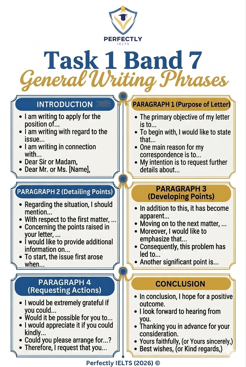 An IELTS General Writing Task 1 study guide by Perfectly IELTS (2026) titled "Task 1 Band 7 General Writing Phrases." The infographic provides a structured list of formal sentence starters for each part of a letter, including the Introduction, Purpose of Letter, Detailing Points, Developing Points, Requesting Actions, and the Conclusion. Examples include formal phrases such as "I am writing with regard to the issue..." and "I would be extremely grateful if you could...".