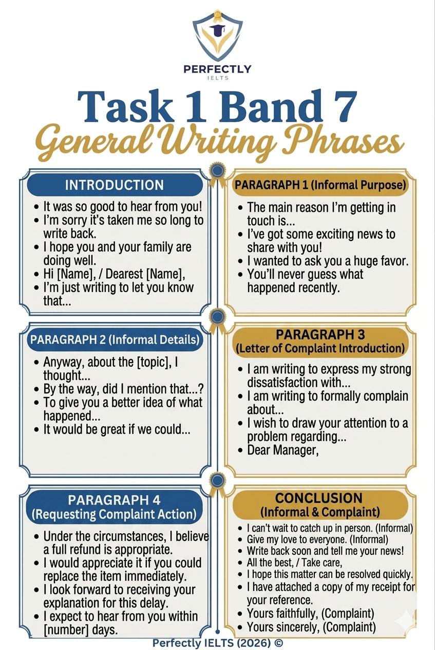 Educational infographic titled "Task 1 Band 7 General Writing Phrases" by Perfectly IELTS (2026). The guide provides high-scoring phrases for both informal letters and letters of complaint. Sections include informal introductions like "It was so good to hear from you!", complaint openers such as "I am writing to express my strong dissatisfaction with...", and request actions for refunds or replacements. The graphic categorizes phrases by paragraph structure to help students organize their IELTS General Writing Task 1 responses effectively.