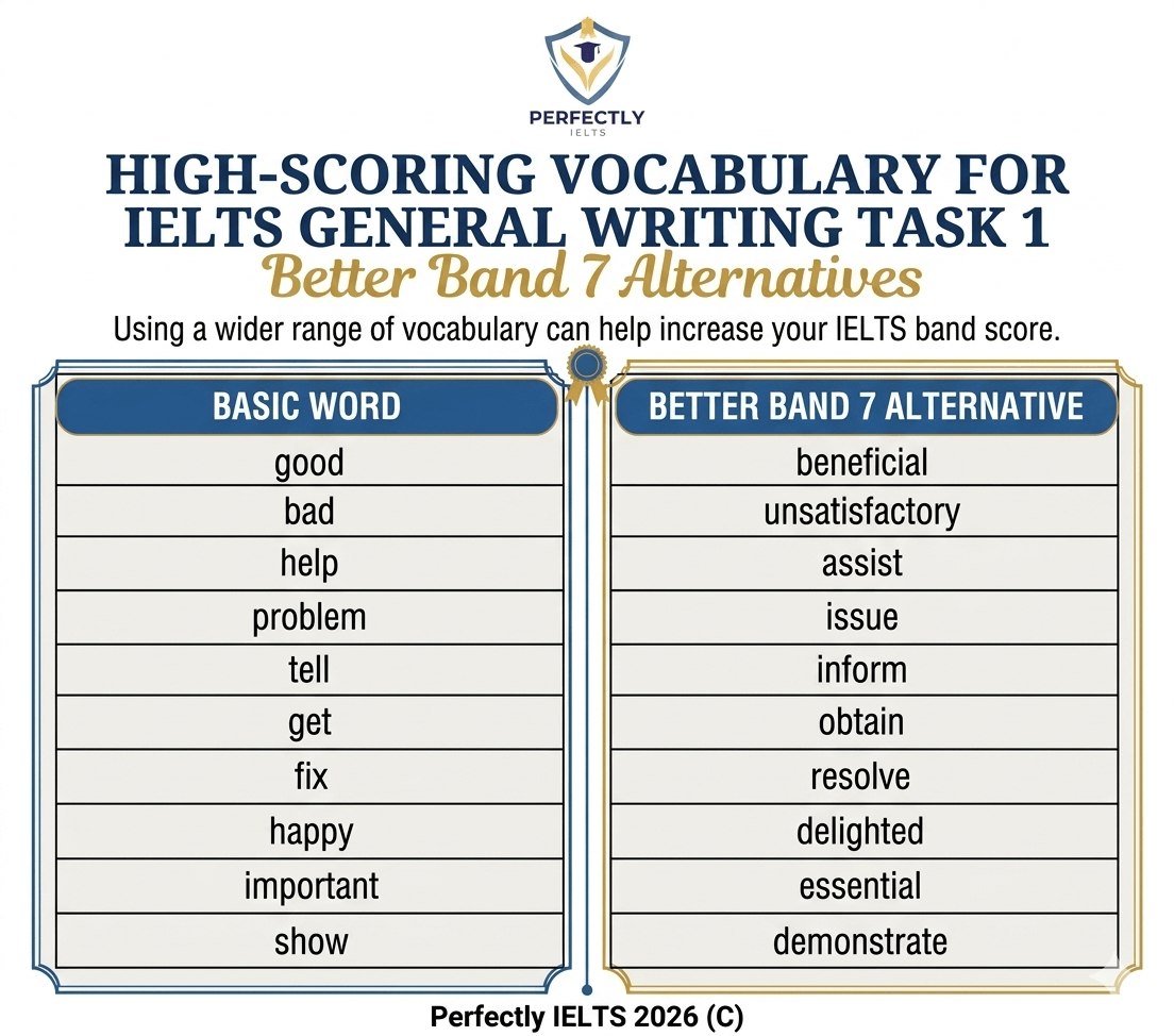 A vocabulary comparison chart for IELTS General Writing Task 1 by Perfectly IELTS (2026). The image features two columns: "Basic Word" on the left and "Better Band 7 Alternative" on the right. Key improvements include replacing 'good' with 'beneficial', 'bad' with 'unsatisfactory', 'problem' with 'issue', and 'show' with 'demonstrate' to help students increase their band score.
