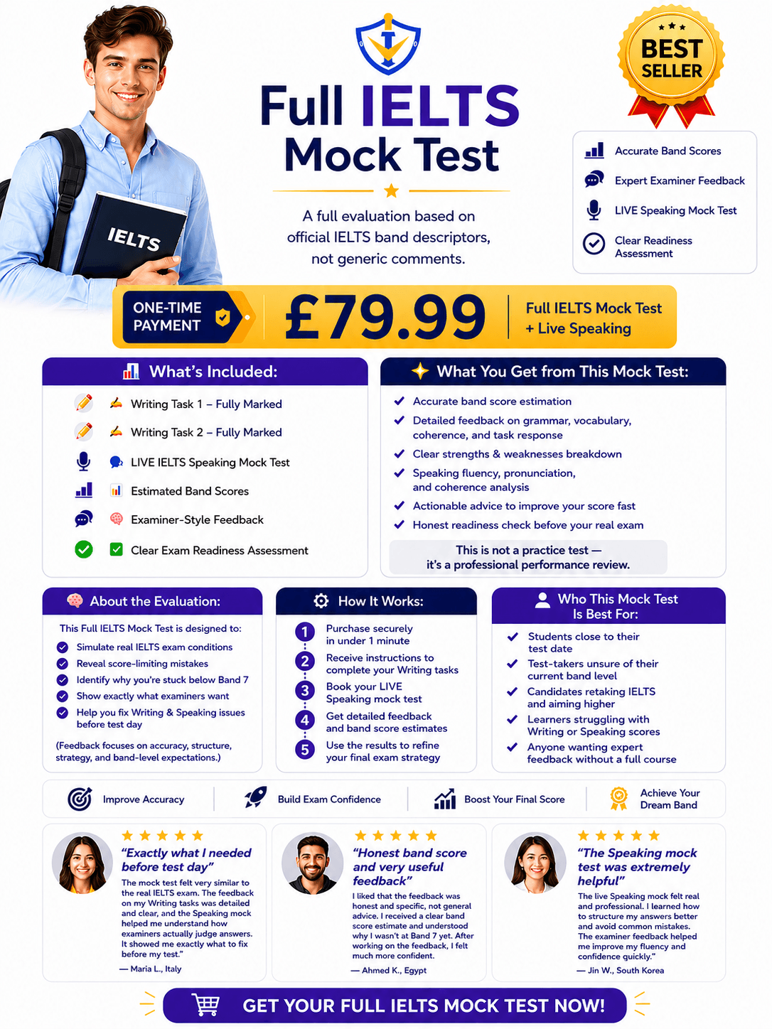Professional promotional poster for a Full IELTS Mock Test service featuring a smiling male student, one-time payment price of £79.99, LIVE IELTS Speaking Mock Test, fully marked Writing Tasks 1 and 2, examiner-style feedback, estimated band scores, and clear exam readiness assessment. Clean white background with purple, gold, and navy branding, best seller badge, student testimonials, and detailed IELTS evaluation features designed for candidates preparing for their IELTS exam.