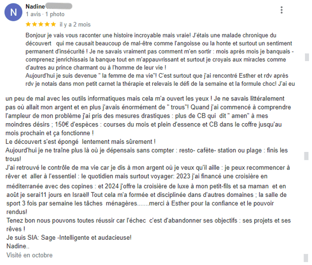 Avis Google de Nadine — sortie du découvert chronique, voyages financés