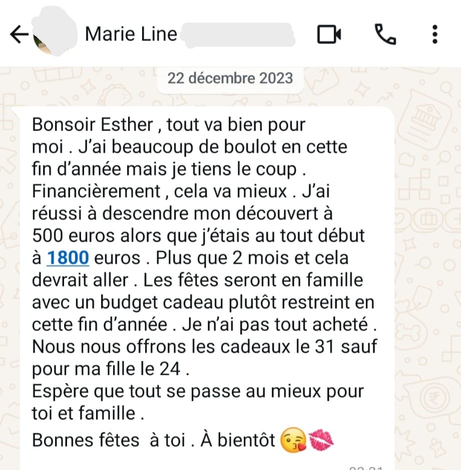 Message WhatsApp de Marie-Line — découvert réduit de 1800€ à 500€