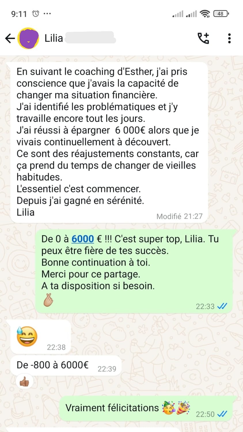 Message WhatsApp de Lilia — 6000€ épargnés grâce au coaching