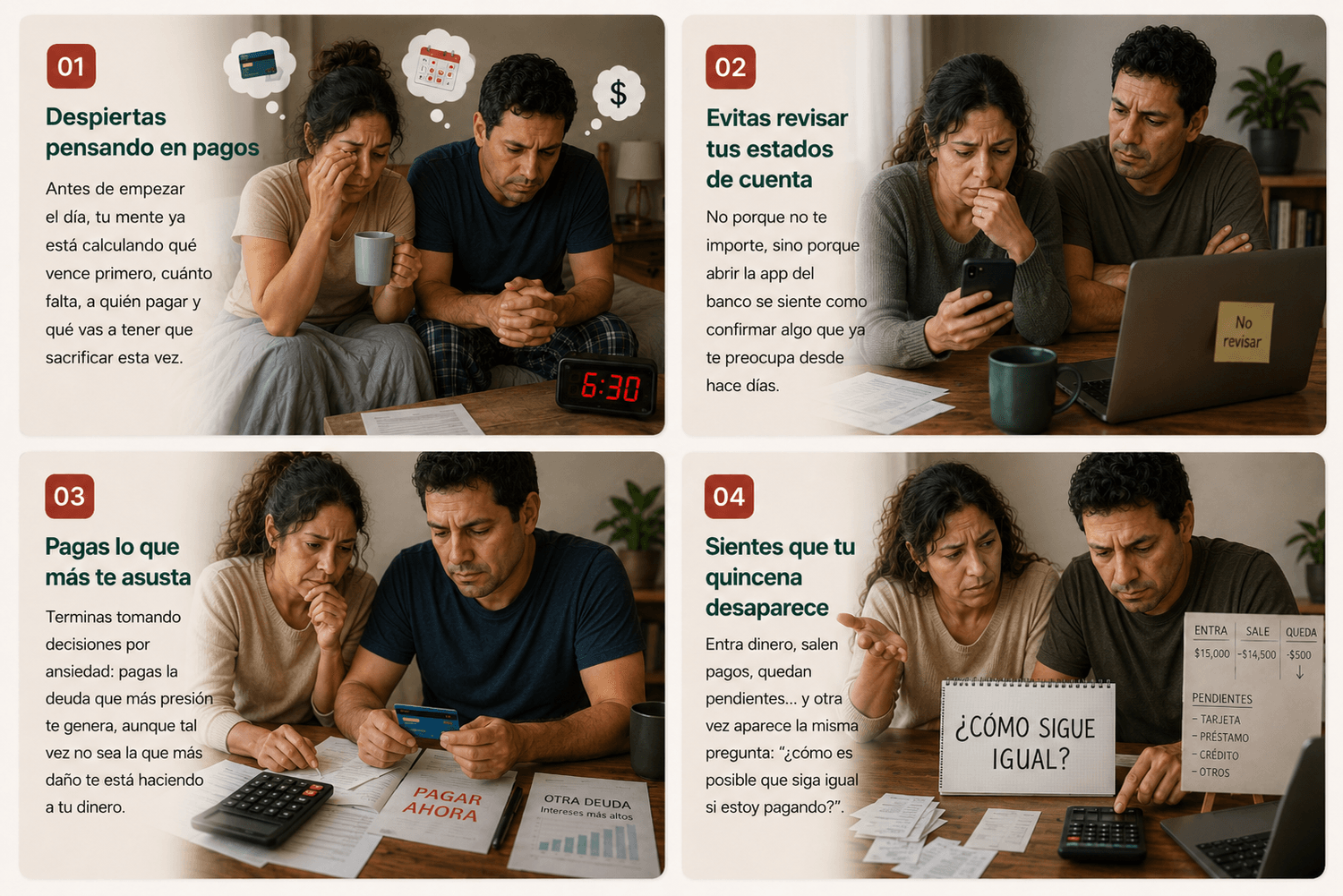Pareja viviendo estrés financiero por deudas, pagos y presión económica