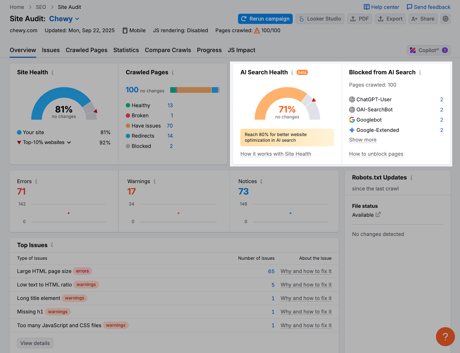 AI Search Health widget