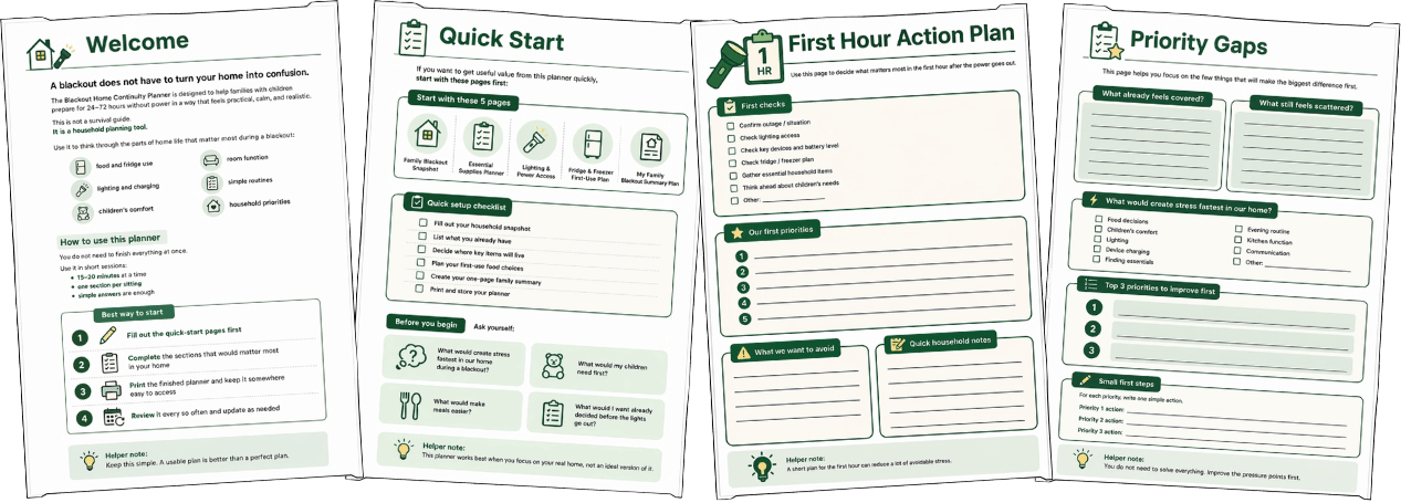 Preview pages from the Blackout Home Continuity Planner