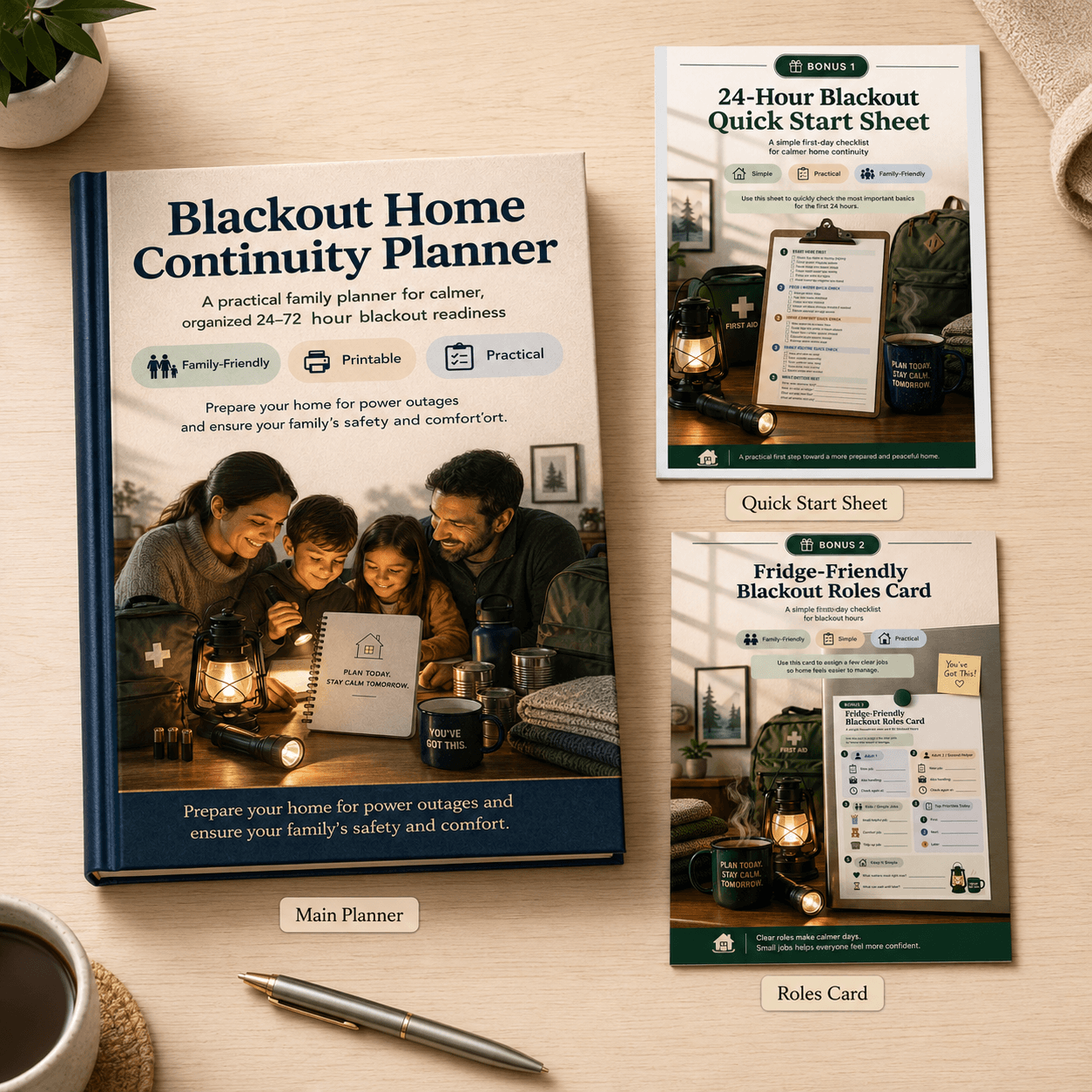 Blackout Home Continuity Planner bundle with Main Planner, Quick Start Sheet, and Roles Card