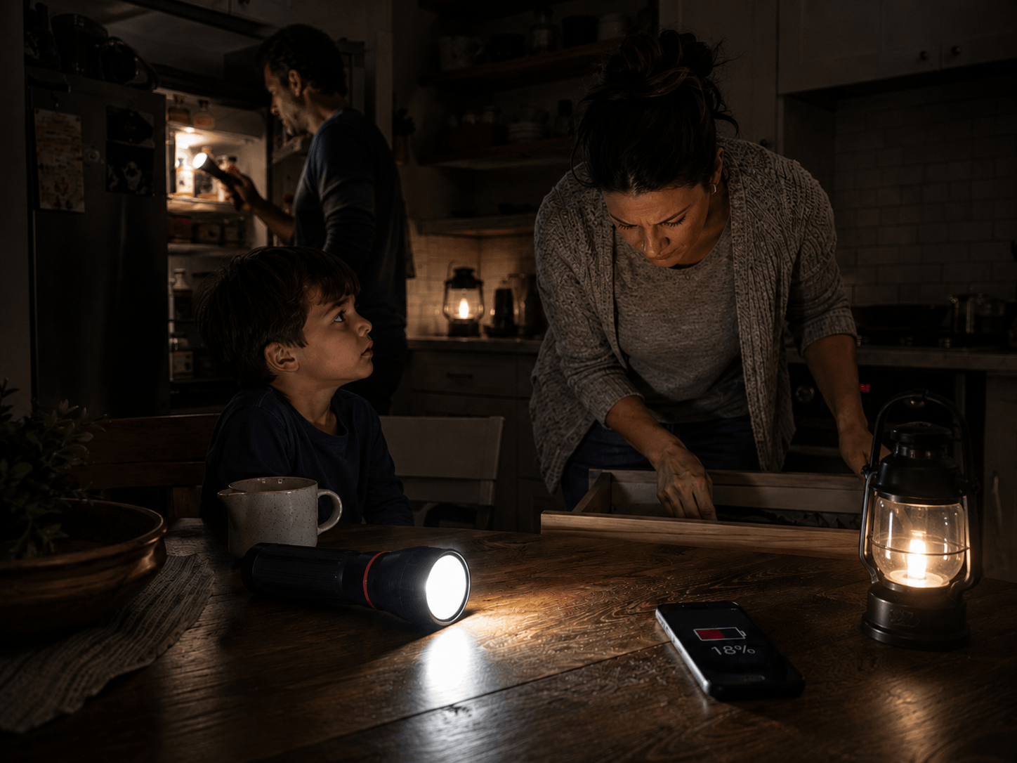 Family blackout planning scene with parent, child, flashlight, and printable planner