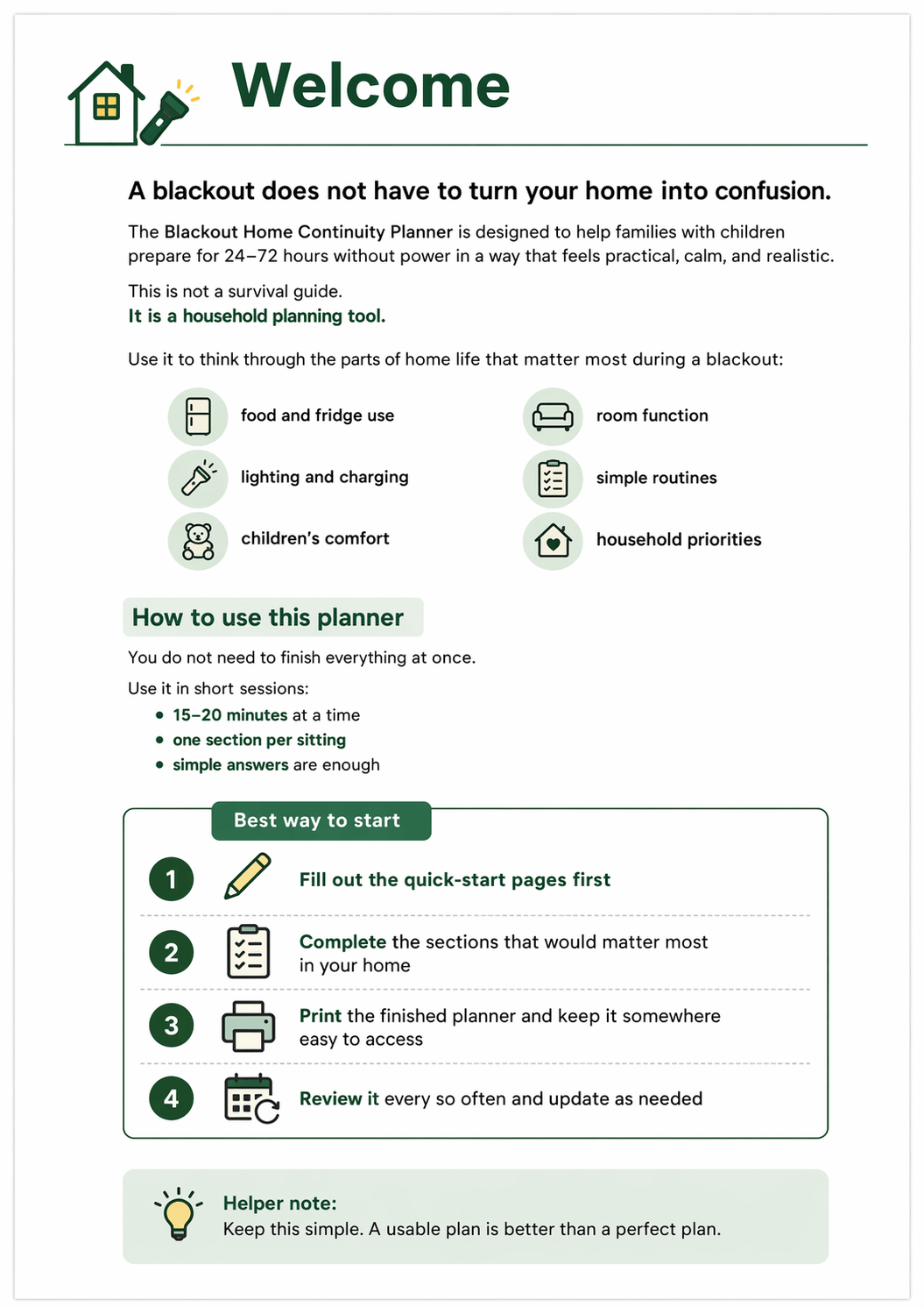 Preview page from the Blackout Home Continuity Planner