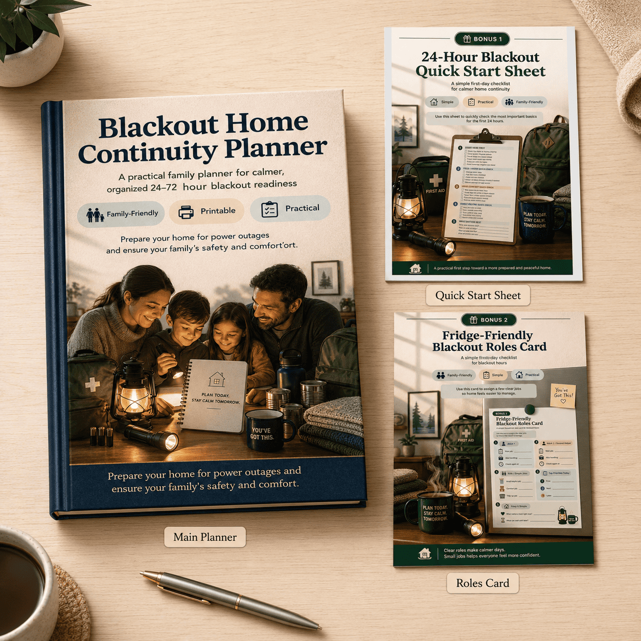 Blackout Home Continuity Planner bundle with Main Planner, Quick Start Sheet, and Roles Card