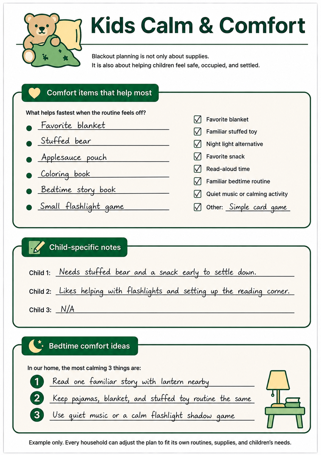 Completed Kids Calm and Comfort example page