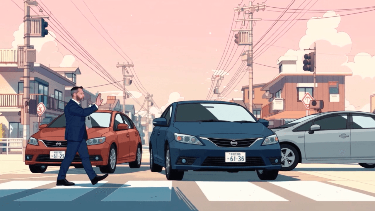 Plan en animation japonaise, la même rue dessinée en deux dimensions