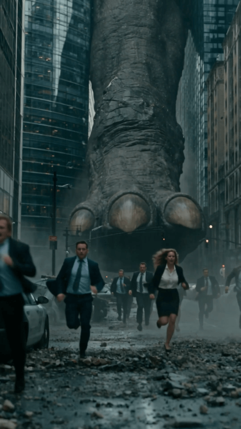Short vertical, un kaiju géant détruit la ville pendant qu'il marche