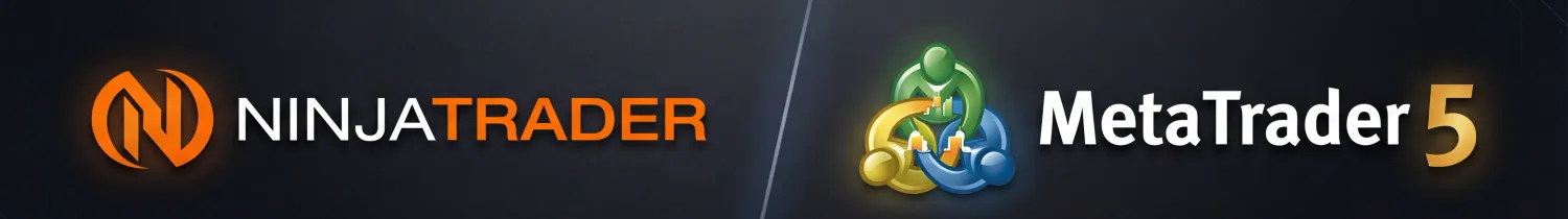 Comparativa visual de plataformas de ejecución: NinjaTrader 8 para Futuros y MetaTrader 5 para CFDs. El setup operativo profesional de Jhon Jaiver Trading.