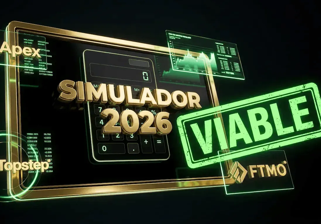 Simulador de Viabilidad 2026. Calculadora en Excel para auditar estrategias de trading en empresas de fondeo como Apex, Topstep y FTMO.