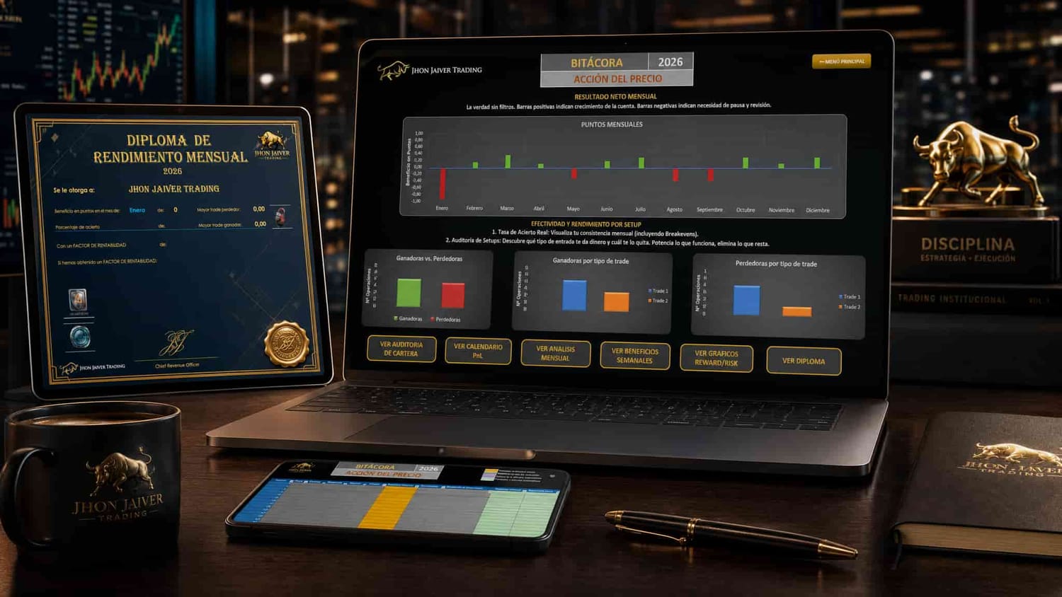 Mockup 3D profesional de la suite Bitácora de Trading 2026 con Dashboard PnL y Diploma de Rendimiento Mensual de Jhon Jaiver Trading.