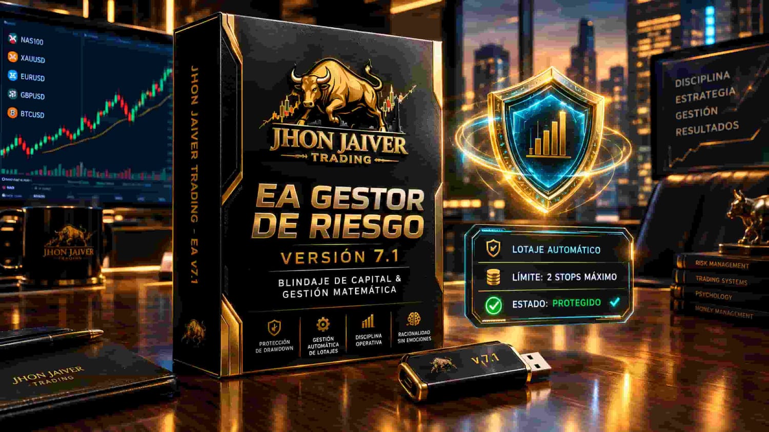 Mockup 3D de la caja de software institucional del EA Gestor de Riesgo v7.1 para MetaTrader por Jhon Jaiver Trading.