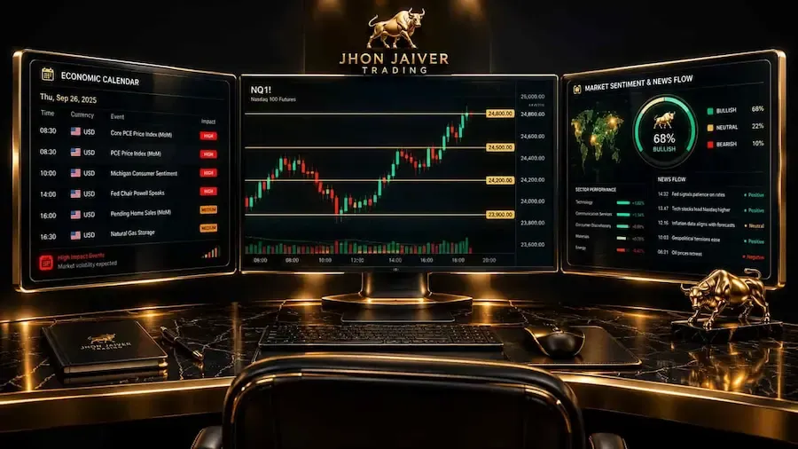 Terminal 3D de analisis pre-mercado de futuros Nasdaq 100 calendario economico filtrado y niveles de liquidez por Jhon Jaiver Trading