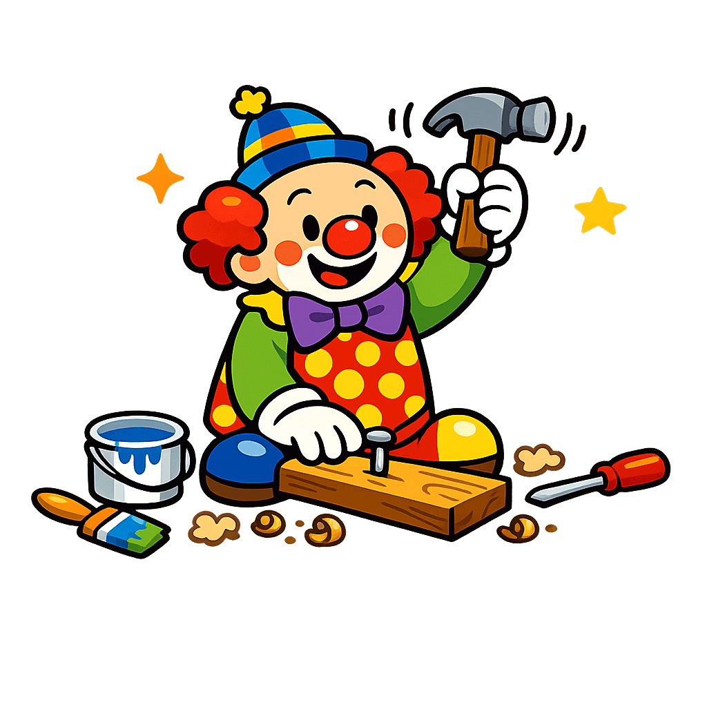 Clown die druk aan het bouwen is