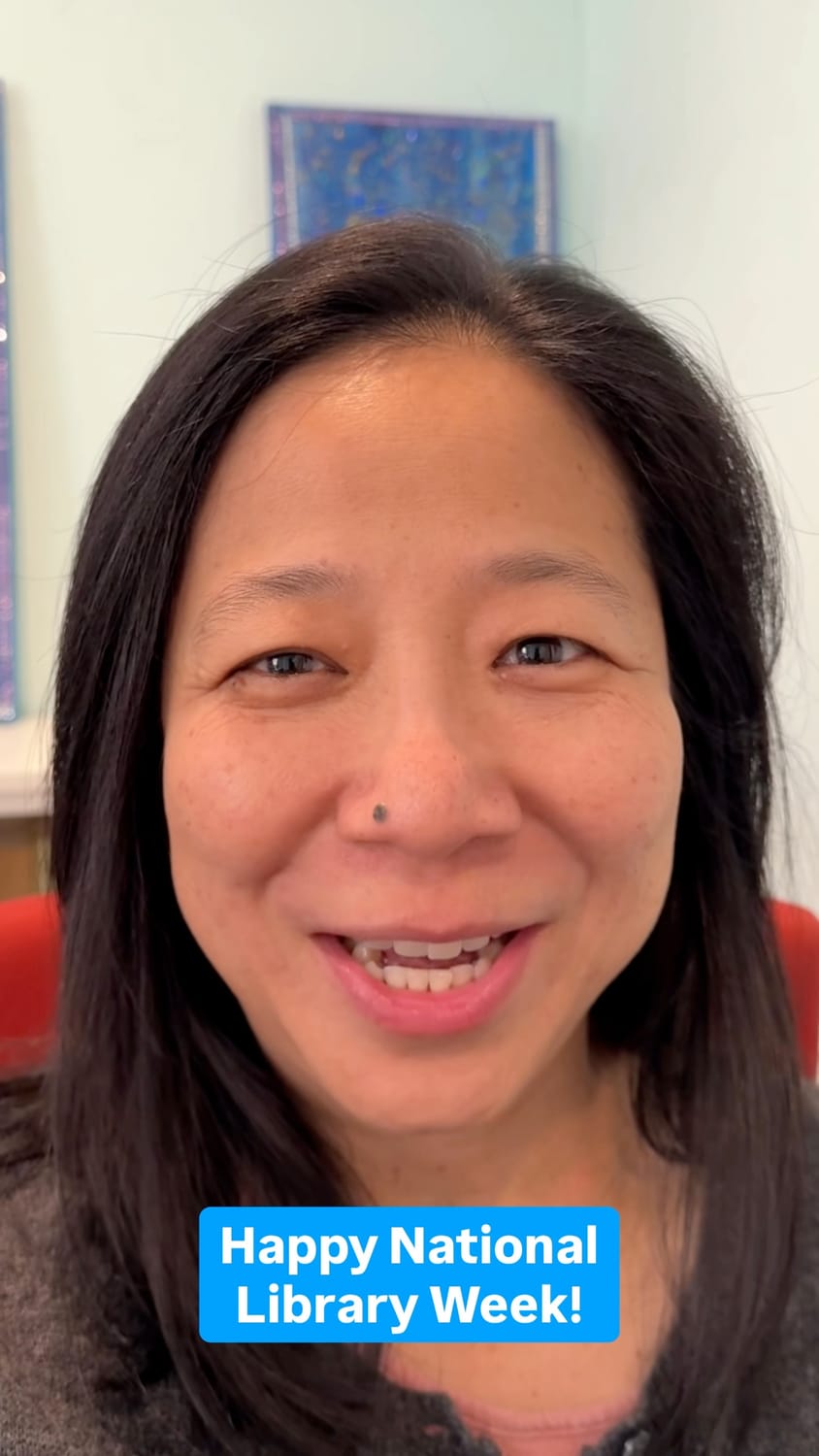 Screenshot of Patricia talking in a video with the caption "Happy National Library Week!"