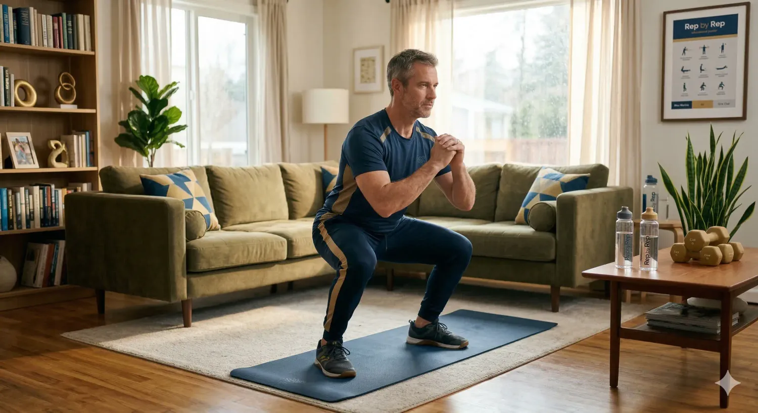 Un homme qui s’entraine dans son salon en position squat