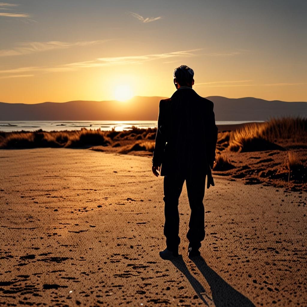 mature man from behind, dark jacket, walking at sunrise, cinematic