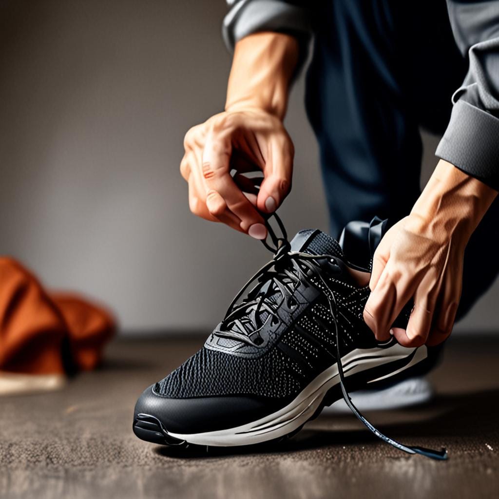 male hands tying running shoes, dark gym, warm light