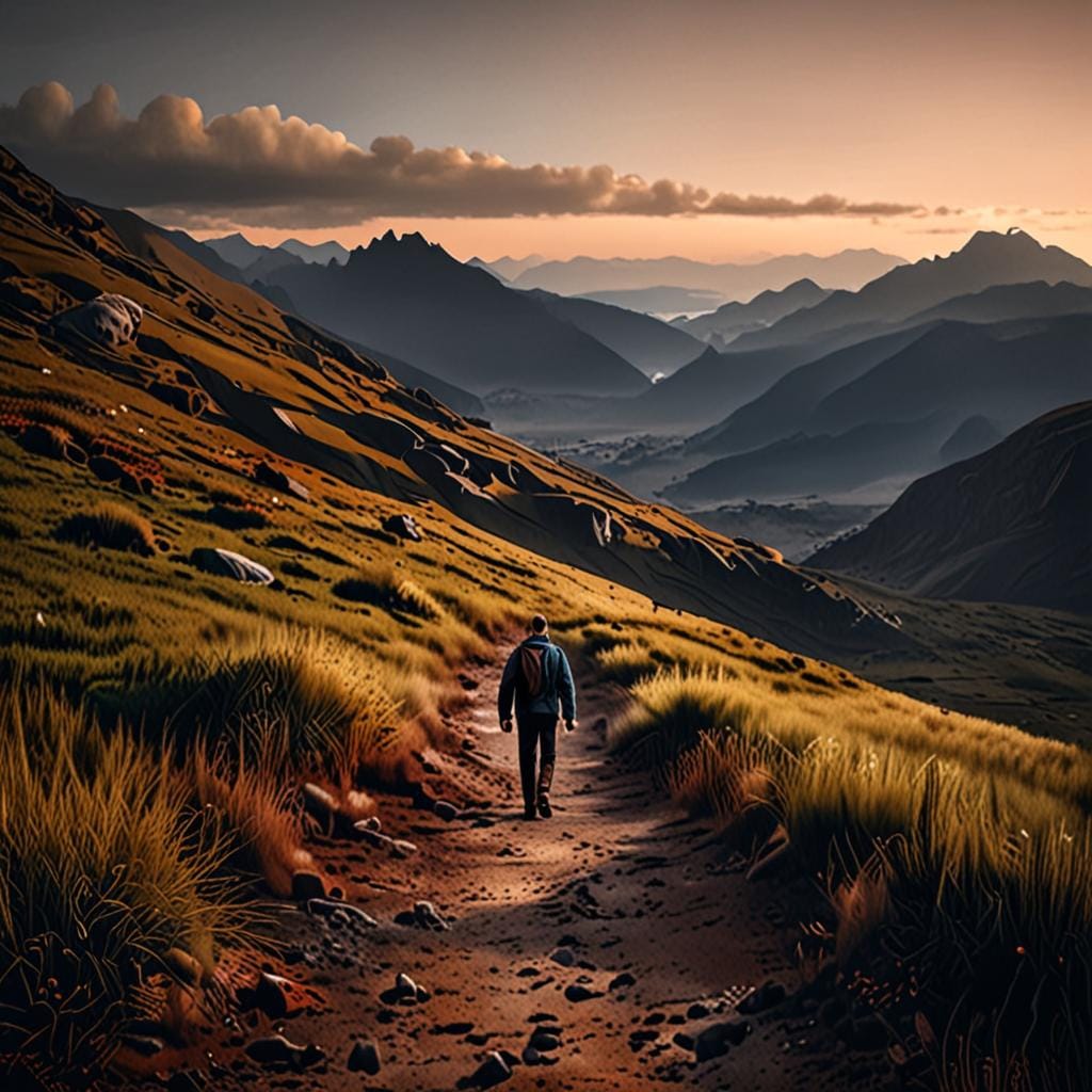 mature man walking alone mountain path, dawn, cinematic