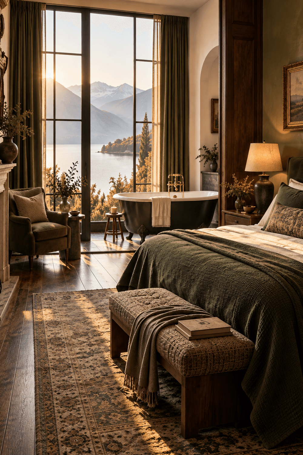 Chambre signature d'un hôtel boutique, lumière douce et vue sur les montagnes