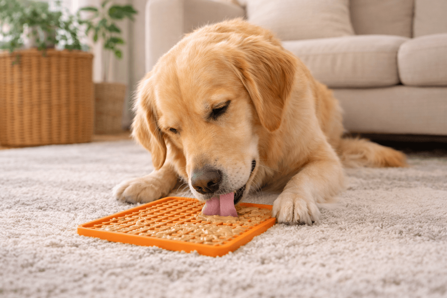 Dog using a lick mat for calming focus at home