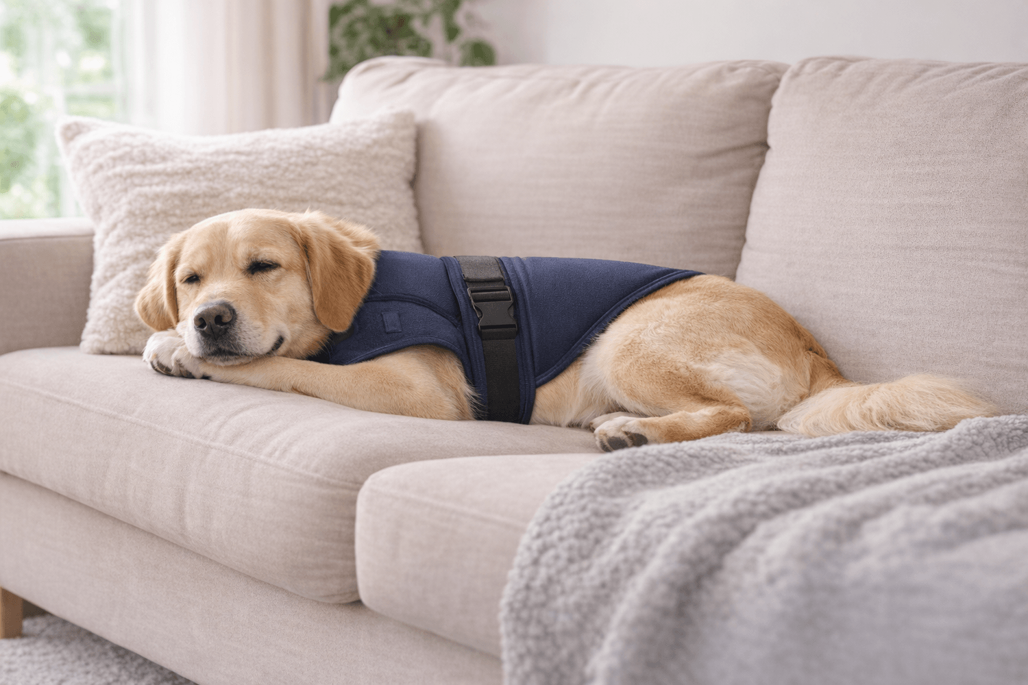 Calm dog wearing a calming vest indoors