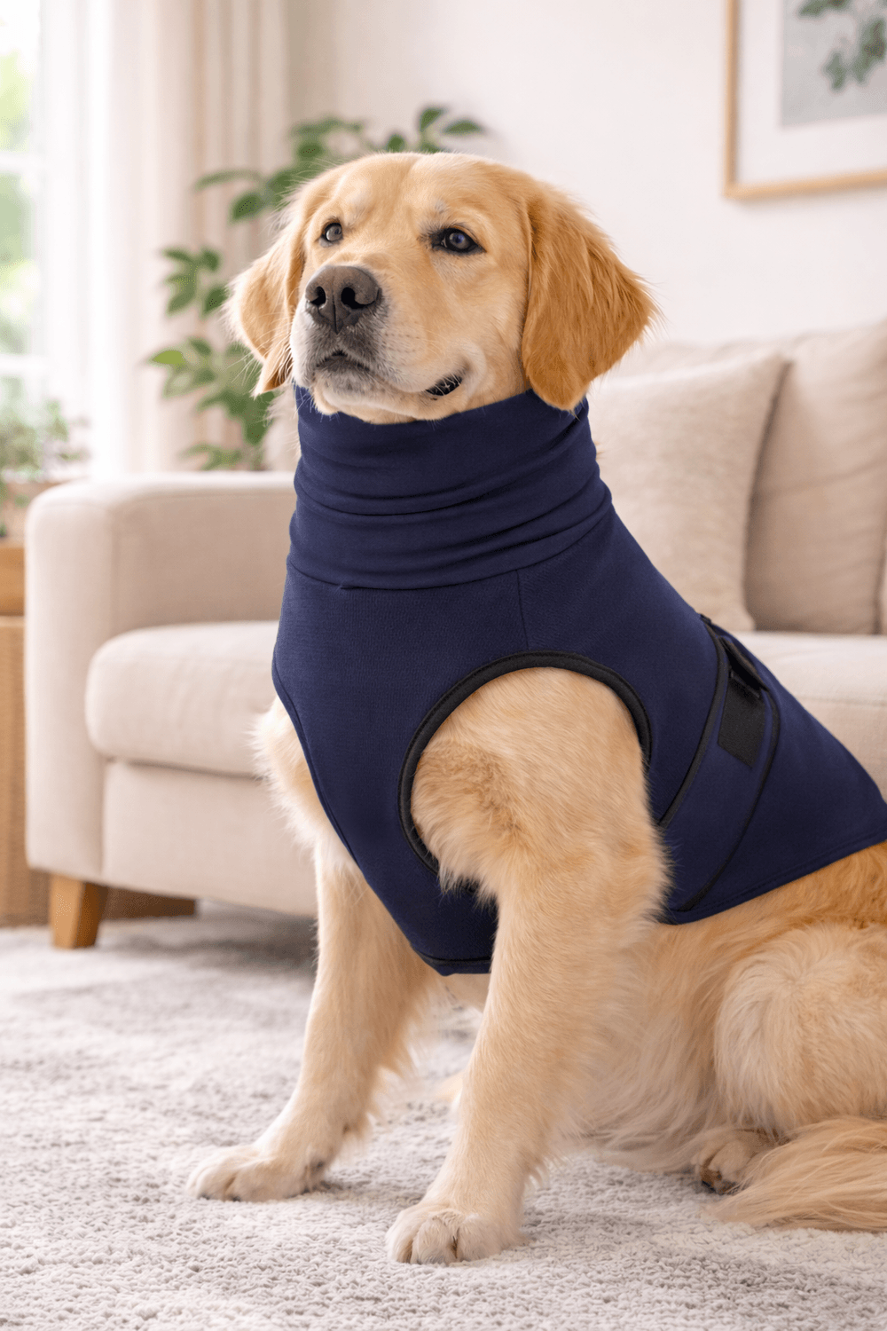 Dog wearing a calming anxiety vest indoors