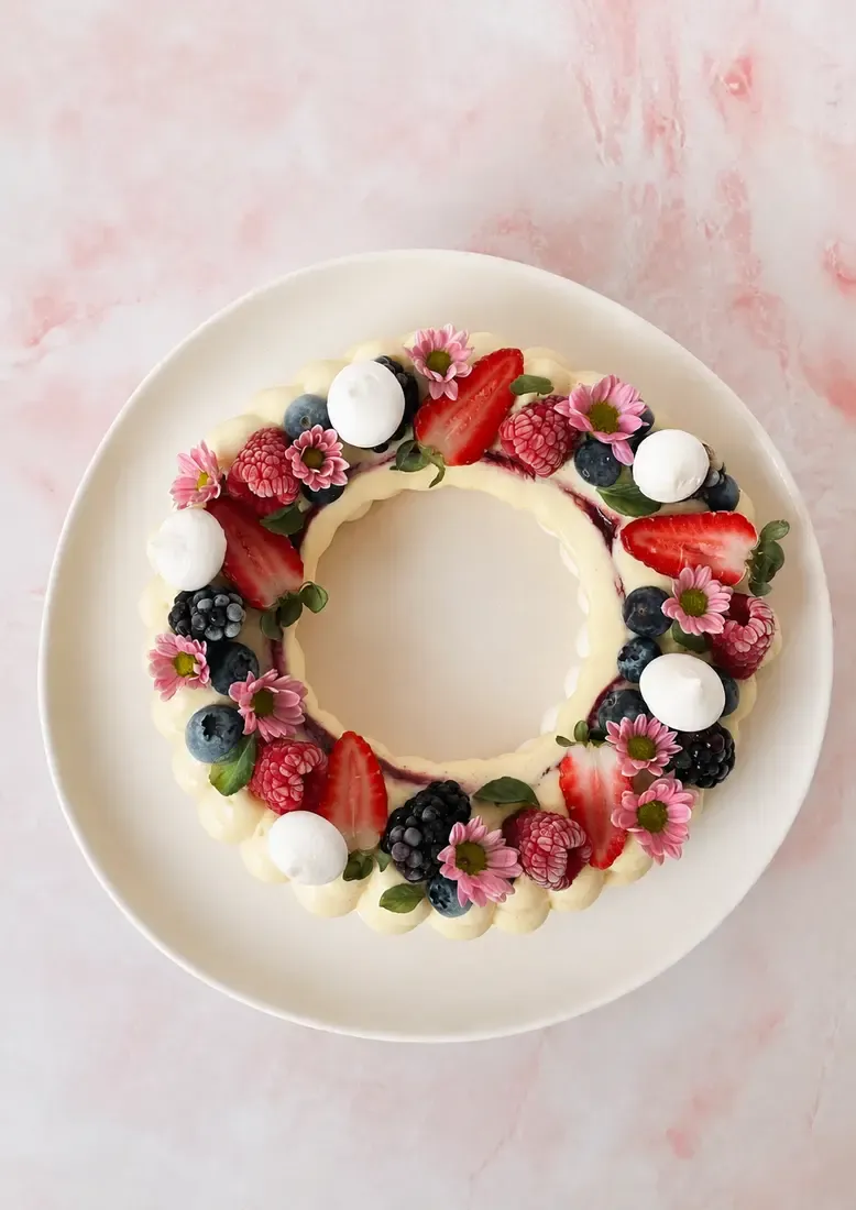 Pavlova sin azúcar decorada con frutos rojos