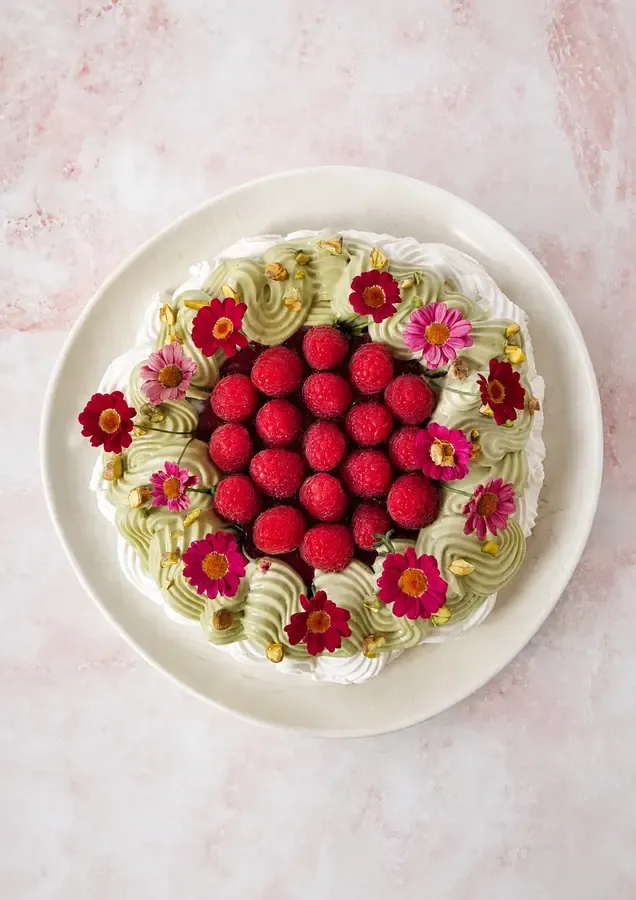Pavlova de matcha y frambuesas