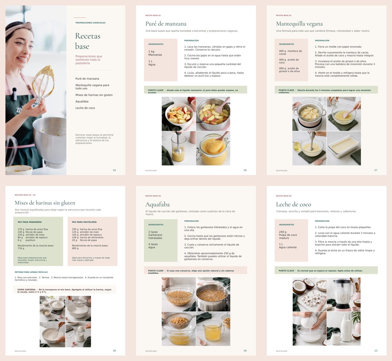 Páginas interiores del recetario con recetas base y procedimientos