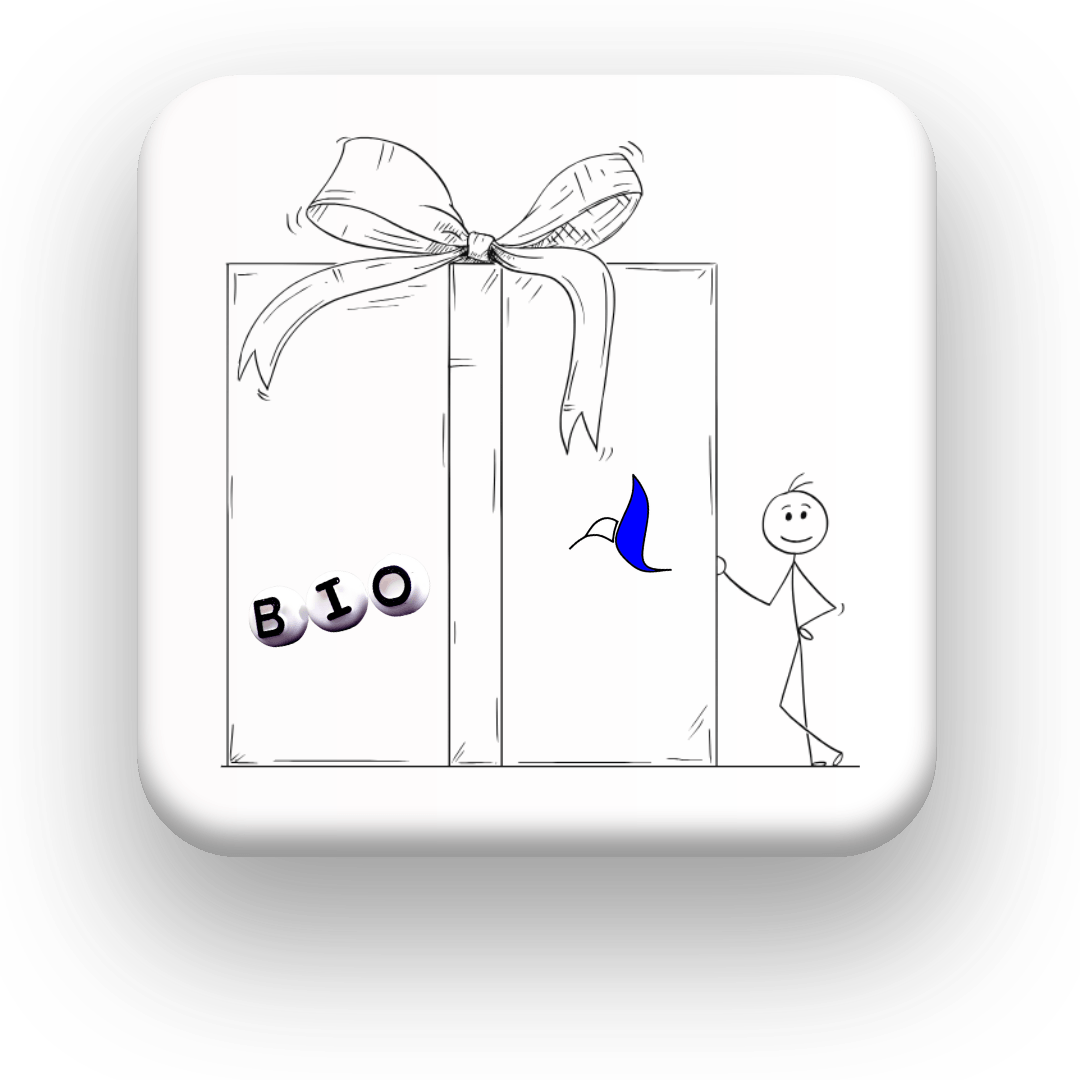 Personnage à côté d’un cadeau BIO, offrir une biographie inoubliable