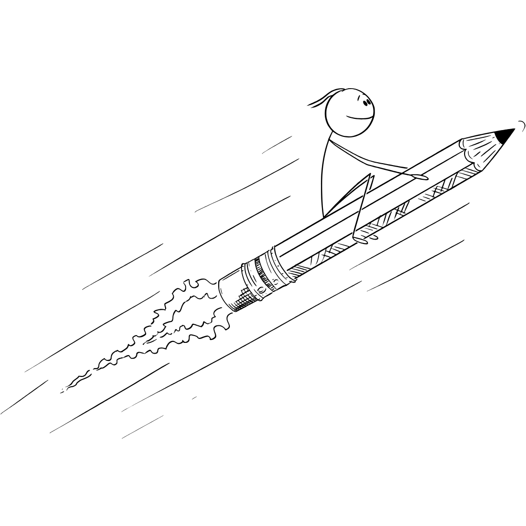 Personnage volant sur un crayon fusée, symbole d’élan créatif