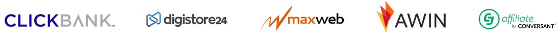 Affiliate network logos including ClickBank, Digistore24, Maxweb, Awin, Cj Afilliate