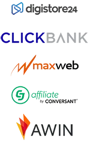 Affiliate network logos including ClickBank, Digistore24, Maxweb, Awin, Cj Afilliate