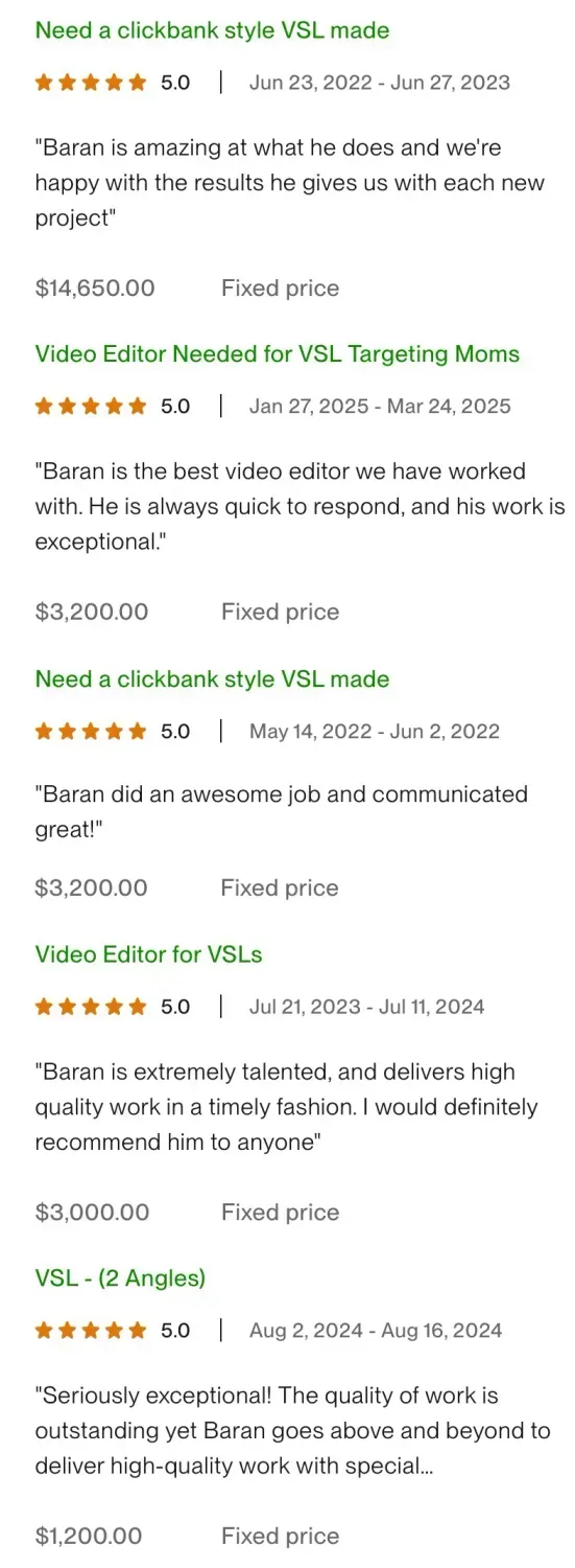 Upwork reviews of Baran Pirinçal, top-rated VSL editor