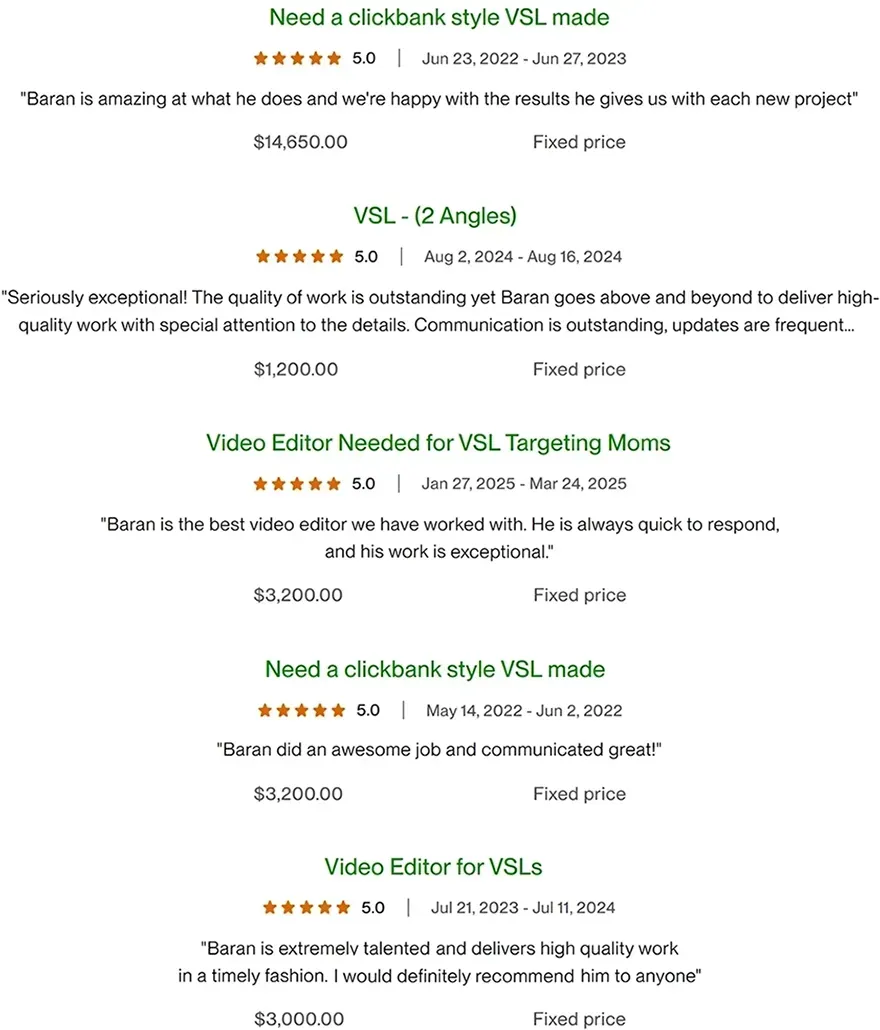 Reviews on the Upwork profile of a top-rated Video Sales Letter expert